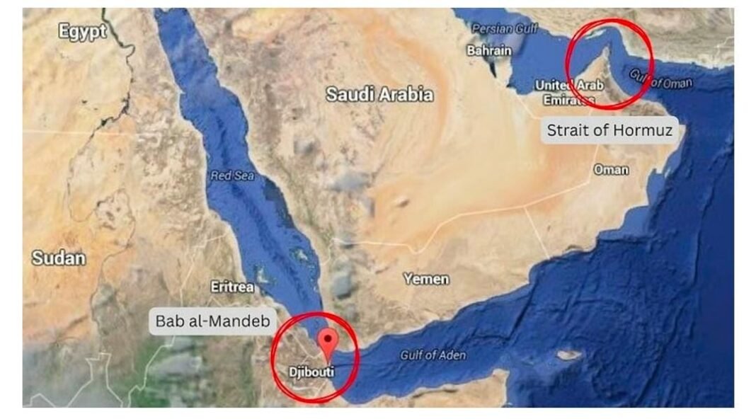 ಬಾಬ್ ಅಲ್-ಮಂಡೇಬ್ ಜಲಸಂಧಿ ನಕ್ಷೆ ಮತ್ತು ಮಧ್ಯಪ್ರಾಚ್ಯದ ಸಮುದ್ರ ಮಾರ್ಗದ ದೃಶ್ಯ